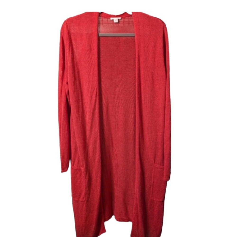 J JILL Women’s Red Open Front Linen Rayon Duster Cardigan